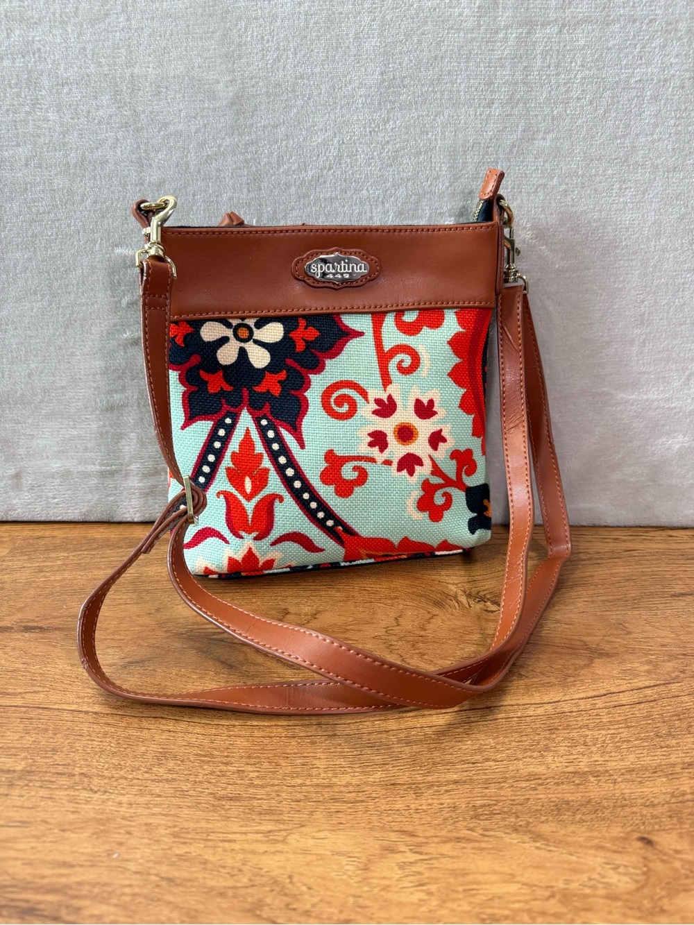 Spartina 449 Brown Leather-Trim Crossbody with Red & Aqua Floral Canvas